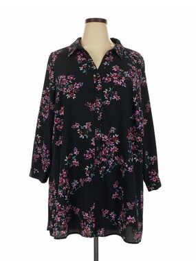 Floral Button-Front Blouse Tunic - Black with Pink Floral